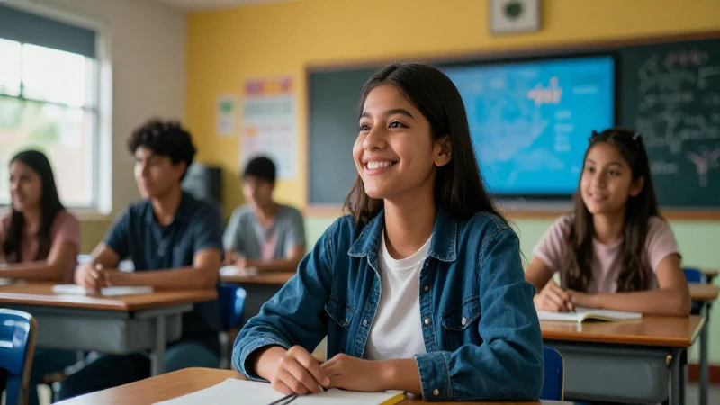 Estudiante feliz en aula moderna