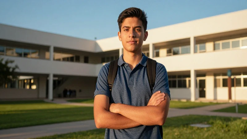 Estudiante mexicano en campus bajo luz dorada