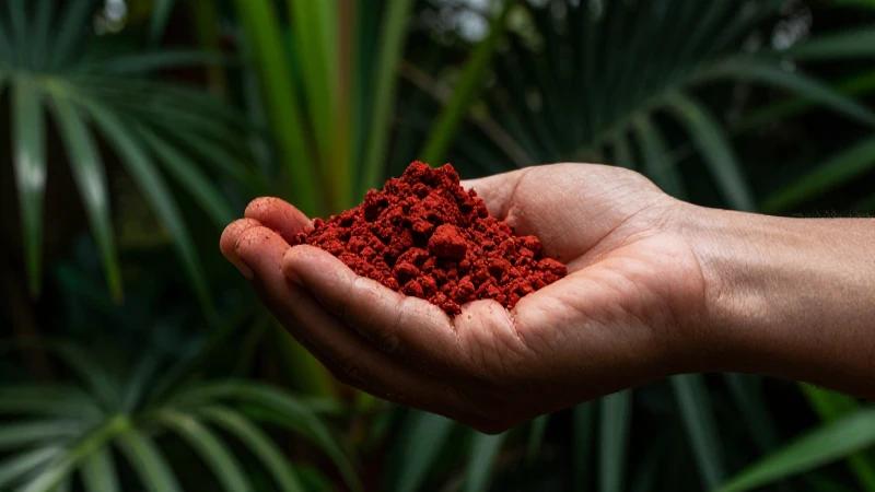 Mano sostiene tierra roja vibrante con fondo tropical
