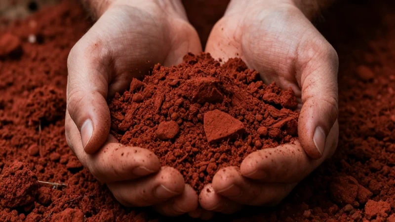 Tierra roja vibrante y texturizada en manos