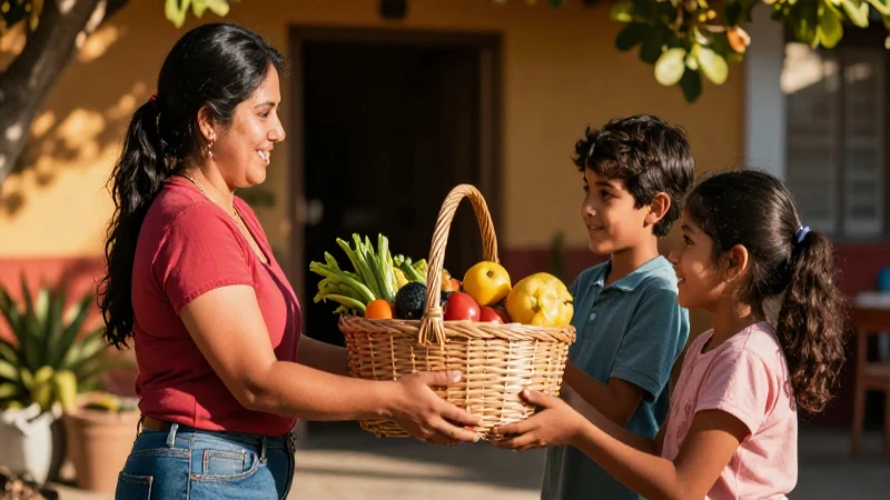 Familia mexicana cálida recibe canastas de comida