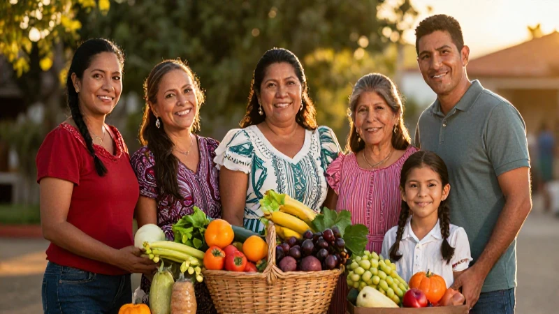 Familia mexicana con luz dorada y frutas