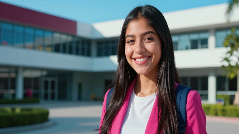 Estudiante mexicana sonriente en campus moderno