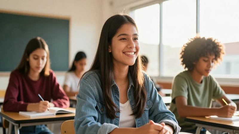 Estudiante joven alegre en aula moderno