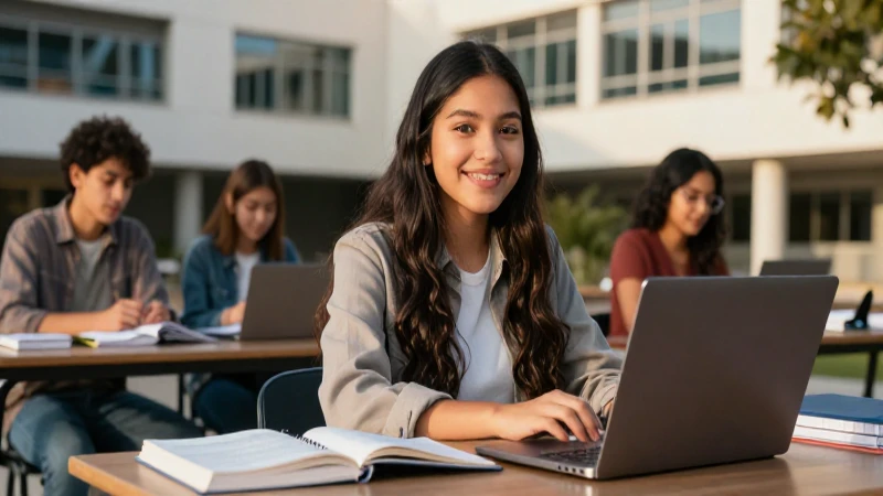 Estudiante sonriente en campus moderno con libros