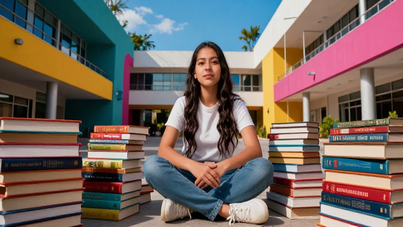 Estudiante mexicano con libros en campus vibrante