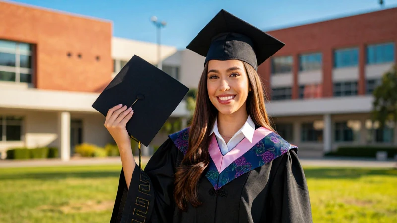 Joven mexicana graduada en el campus al atardecer