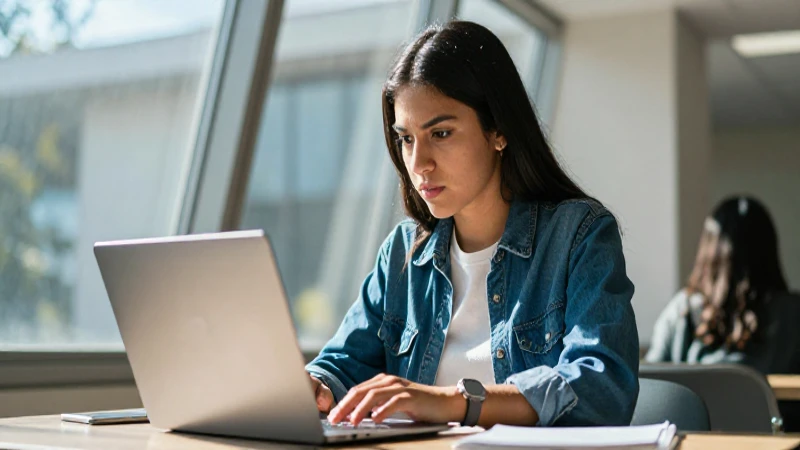 Estudiante mexicano enfocado con laptop y luz brillante