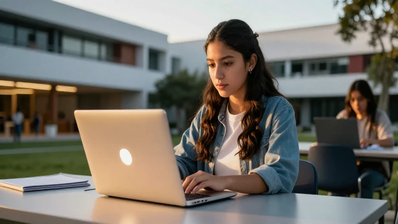 Estudiante mexicano con portátil, atardecer universitario
