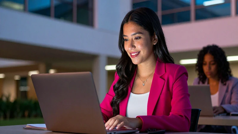 Estudiante mexicana moderna mira su laptop en el campus
