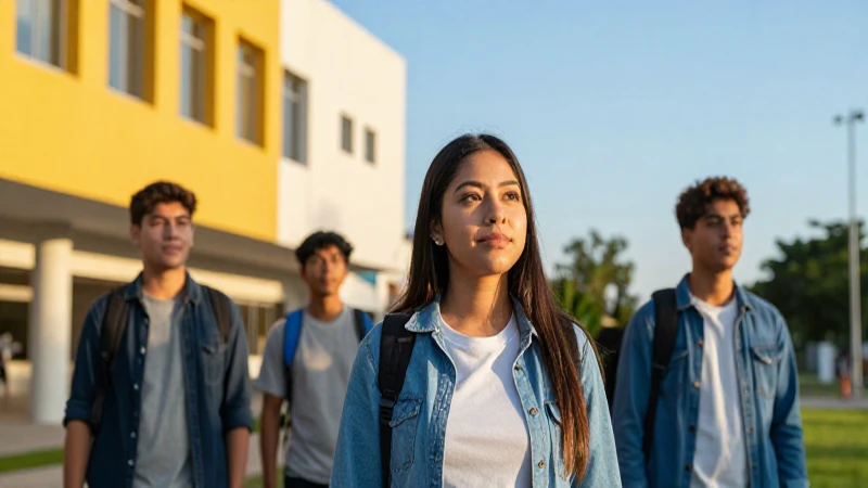 Estudiante esperanzada en moderno campus universitario