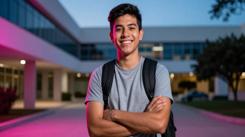 Estudiante mexicano sonriente en moderno campus universitario