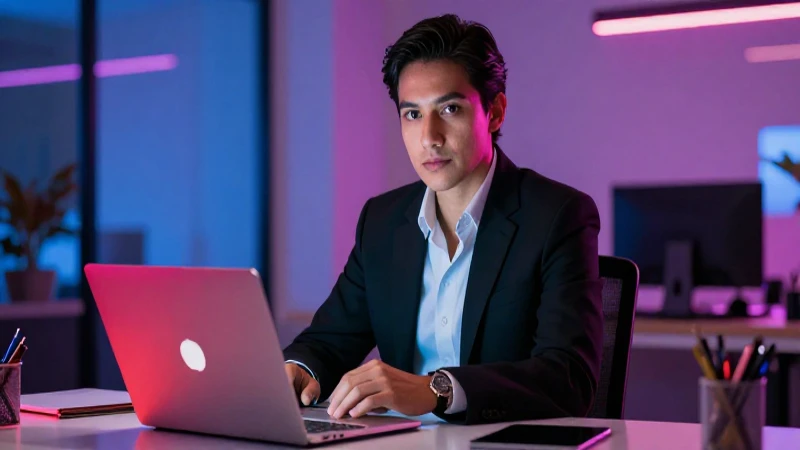 Profesional mexicano moderno busca éxito en su oficina