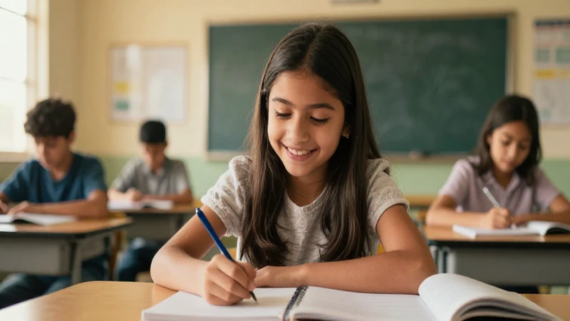 Niña mexicana estudia en clase moderna y luminosa
