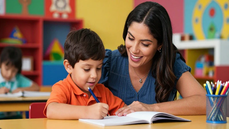 Madre mexicana y niño aprendiendo felices