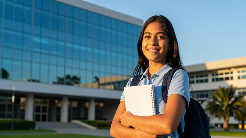 Estudiante mexicano exitoso en campus moderno