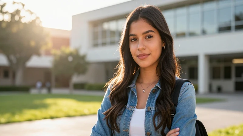 Retrato estudiantil mexicano en campus moderno con luz dorada