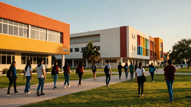 Estudiantes mexicanos en campus vibrante al atardecer