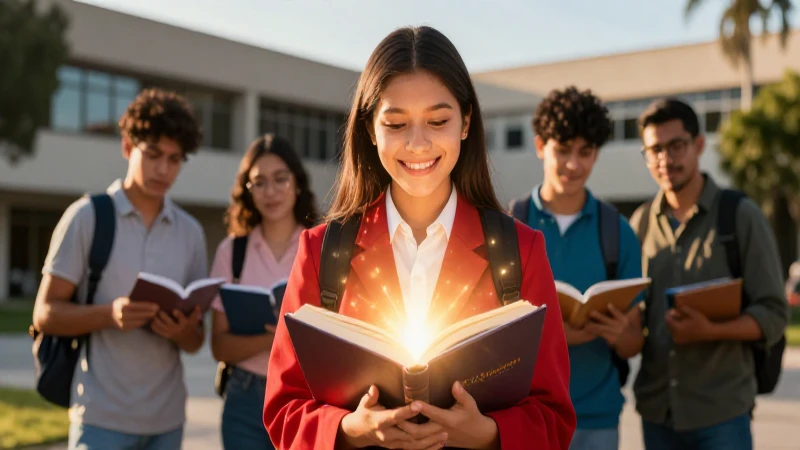 Estudiante mexicano sonriente con libro de oportunidades