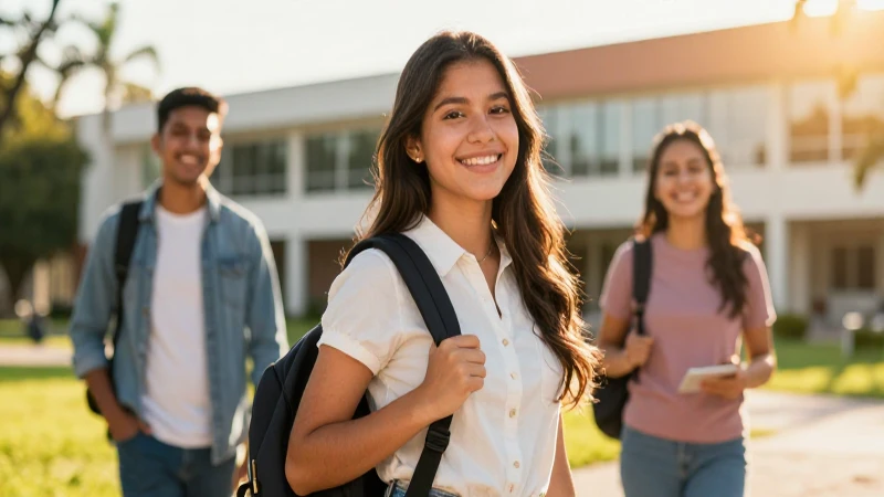 Estudiante mexicano feliz en campus universitario moderno