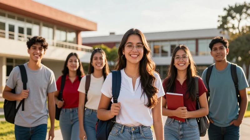 Estudiantes mexicanos en campus bajo luz dorada