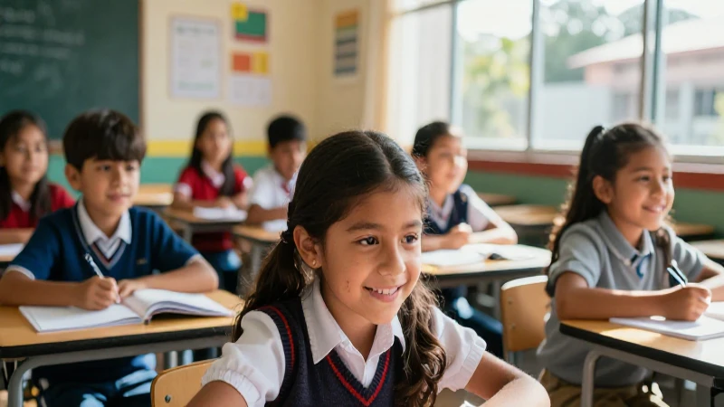 Alumnos mexicanos alegres bajo luz moderna