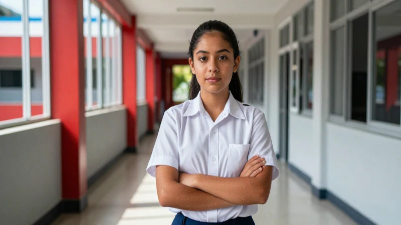 Estudiante mexicano seguro en moderno pasillo soleado