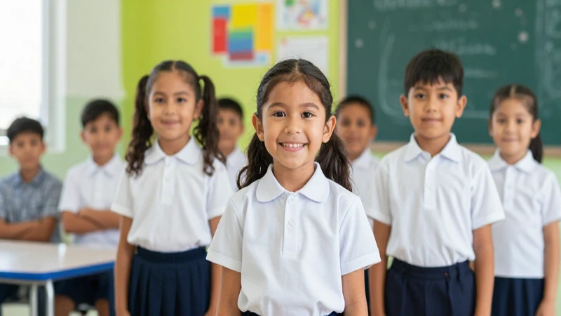 Niño mexicano sonriente en aula moderna y brillante