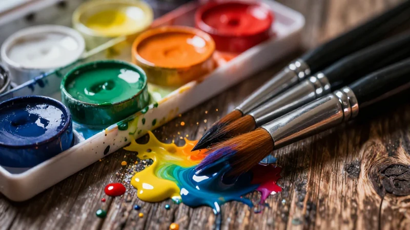 Pinceles de pintura vibrantes en madera rústica