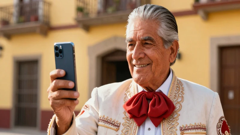 Abuelo mexicano sonriente con celular brillante