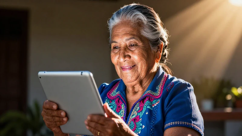 Abuela mexicana sonriente con tableta luminosa