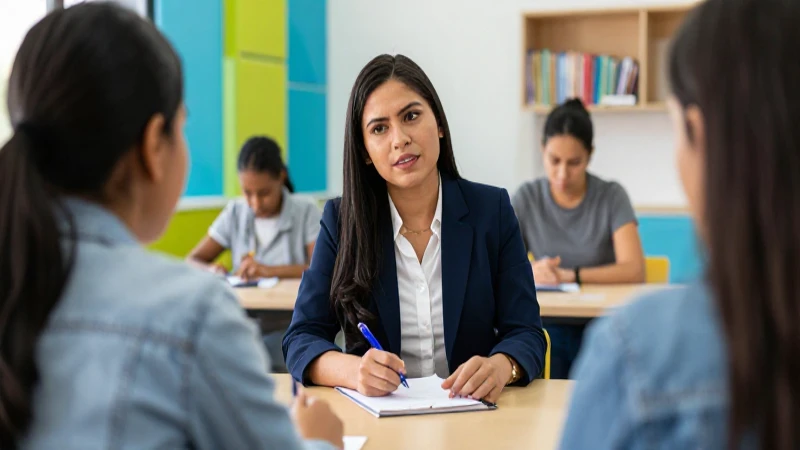 Maestra mexicana anima a estudiante en campus moderno