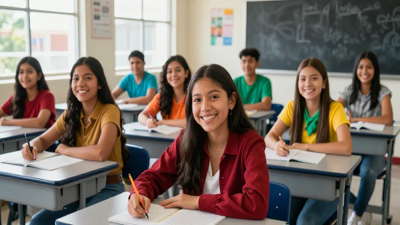 Estudiantes mexicanos felices en un aula luminosa