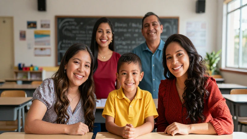 Cuál es el proceso de inscripción en el programa Familias en Acción para mi hijo 95 Familia mexicana sonríe con esperanza en aula luminosa