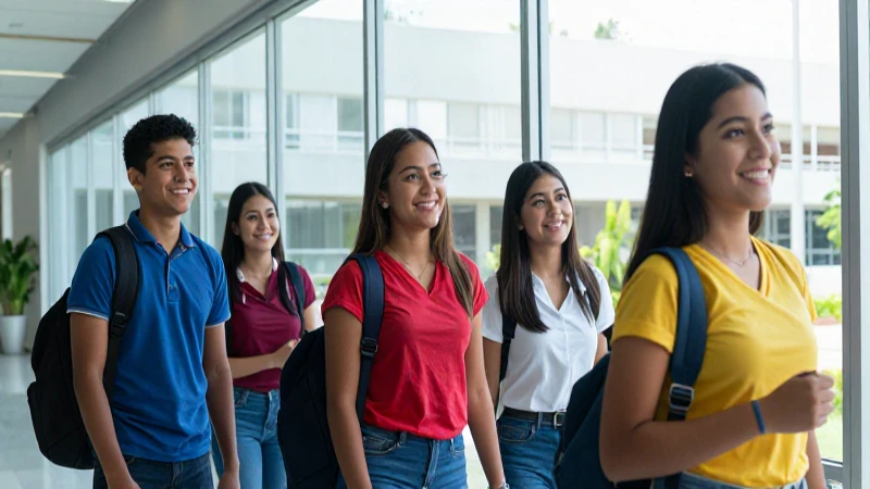 Estudiante sonriente en universidad moderna y brillante