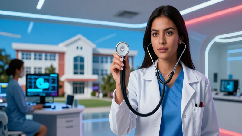 Médica estudiantil profesional en clínica moderna