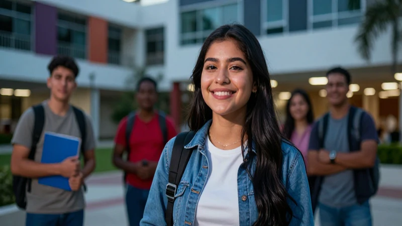 Estudiante mexicano sonriente en campus vibrante