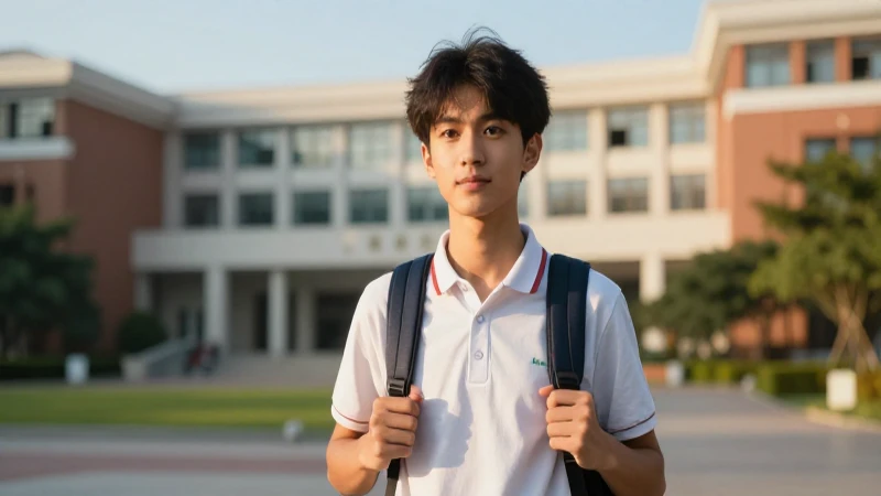 Estudiante exitoso en campus iluminado por la mañana
