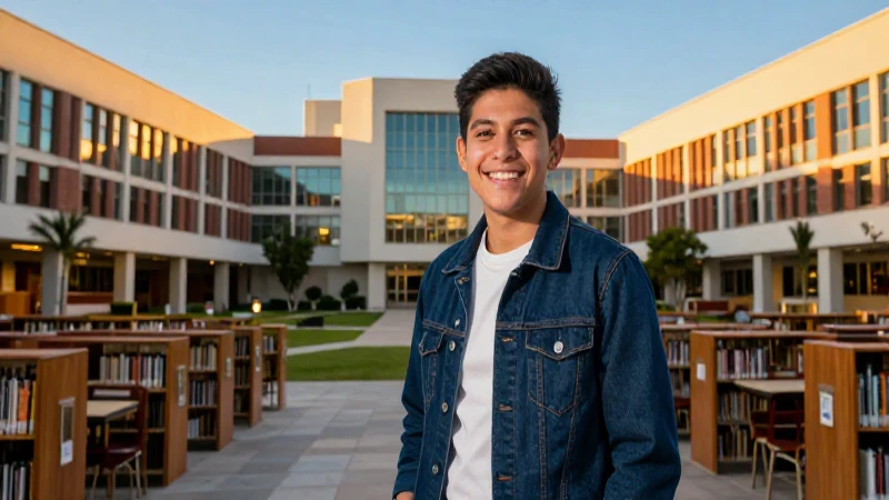 Estudiante sonriente en campus universitario moderno
