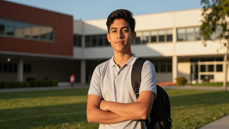Estudiante mexicano en campus con luz dorada
