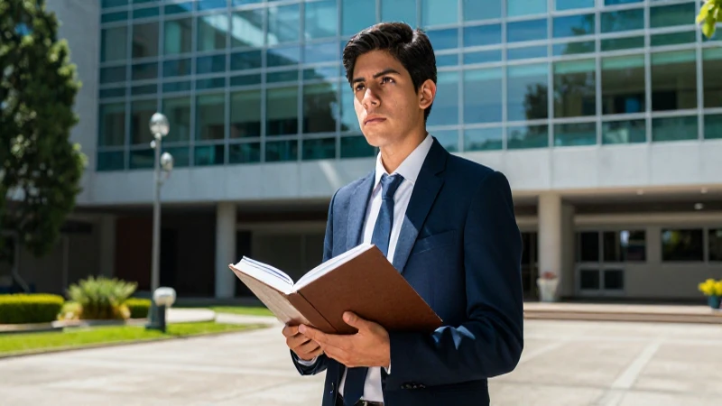 Estudiante mexicano en universidad, libro y luz