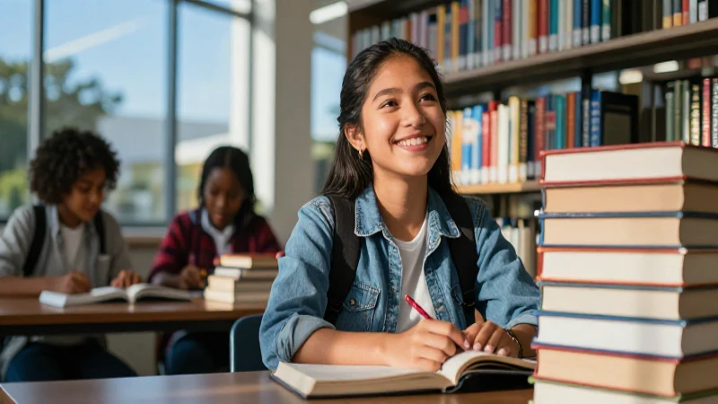 Estudiante mexicano feliz en biblioteca moderna