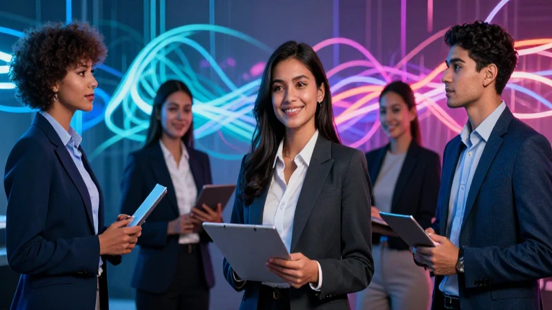 Jóvenes profesionales mexicanos en feria vibrante