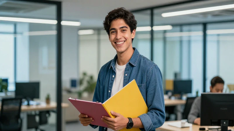 Joven mexicano motivado en oficina corporativa