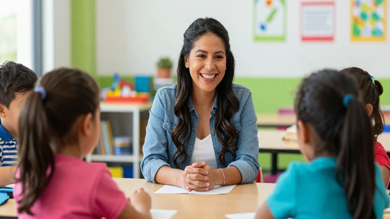 Maestra mexicana alegre enseñando a niños