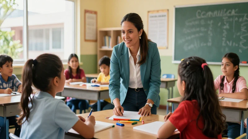 Maestra mexicana guiando alumnos en aula moderna