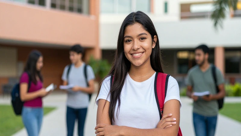 Estudiante sonriente en moderno campus universitario