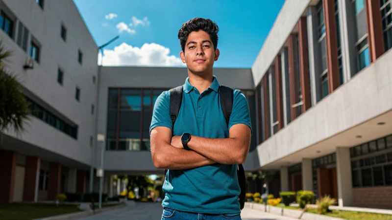 Retrato de estudiante mexicano en campus moderno