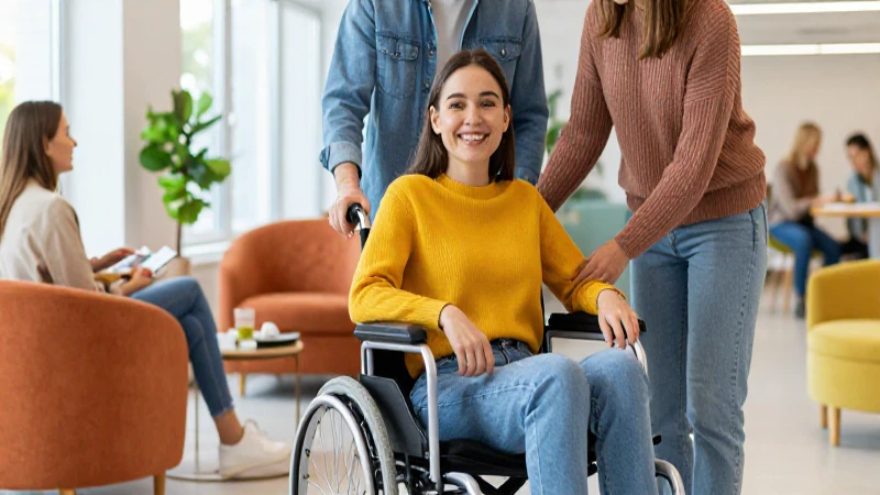 Mujer feliz en espacio comunitario moderno