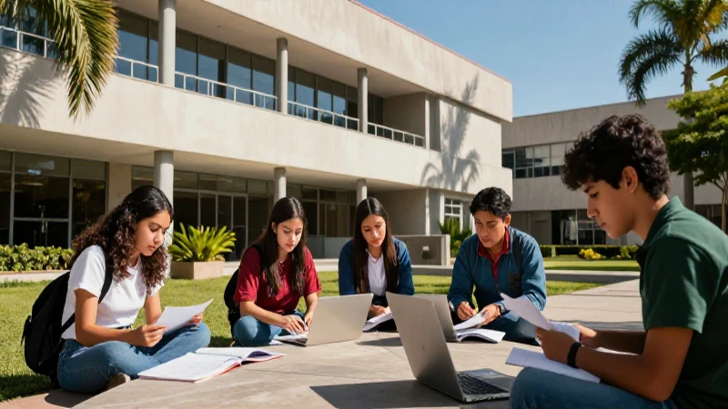 Estudiantes mexicanos en campus moderno